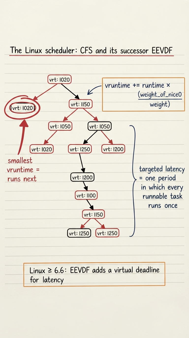 Handwritten A4 diagram: a red-black tree of task nodes keyed by virtual runtime, with the leftmost node circled and labelled "smallest vruntime = runs next"; beside it a formula sketch "vruntime += runtime × (weight_of_nice0 / weight)" and a bracket labelled "targeted latency = one period in which every runnable task runs once"; a small footnote box "Linux ≥ 6.6: EEVDF adds a virtual deadline for latency".