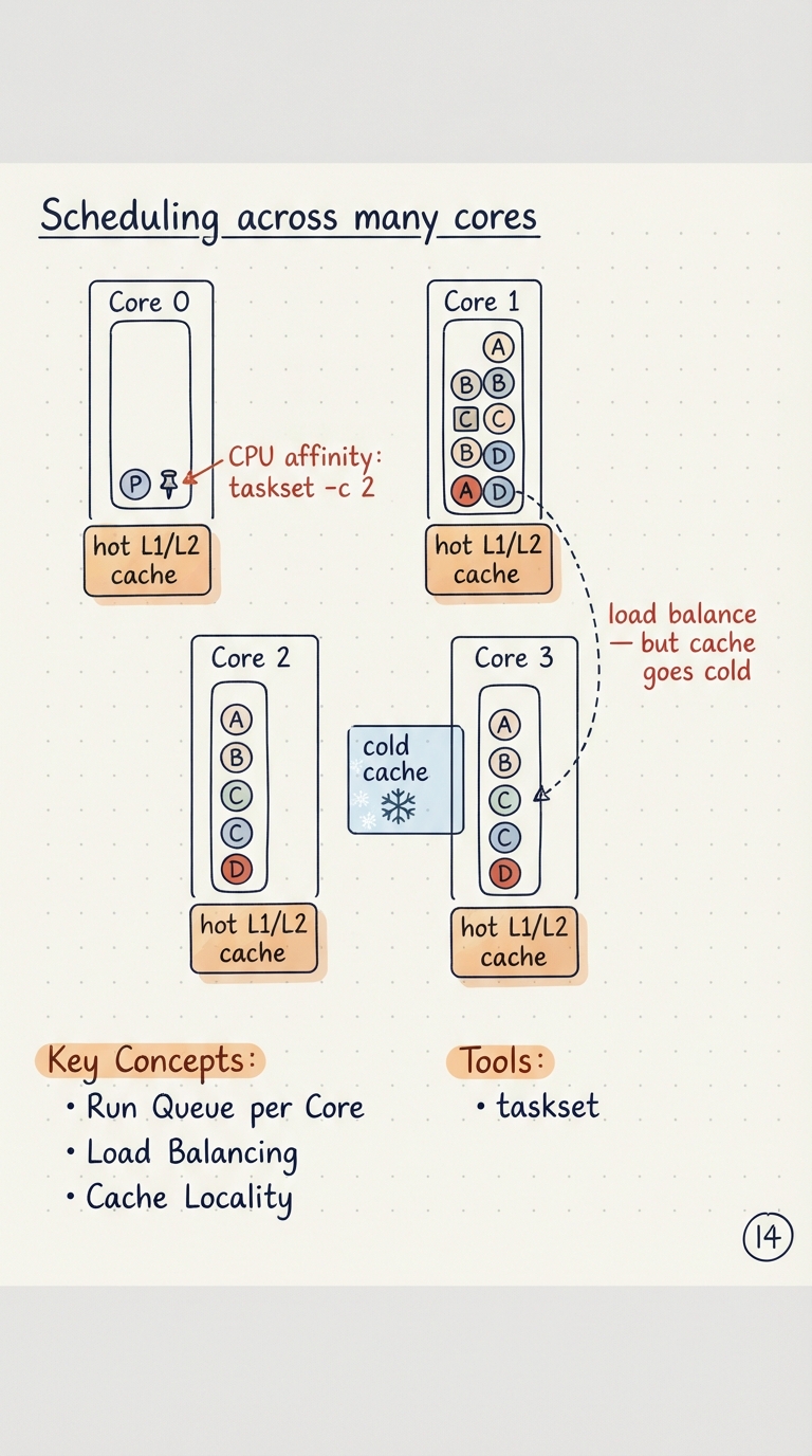 Handwritten A4 diagram: four CPU cores each with its own vertical run queue and its own hot L1/L2 cache drawn as a warm box; a dashed migration arrow moves a task from a busy core’s queue to an idle core, crossing a cold cache and labelled "load balance — but cache goes cold"; a pin icon on one task labelled "CPU affinity: taskset -c 2".