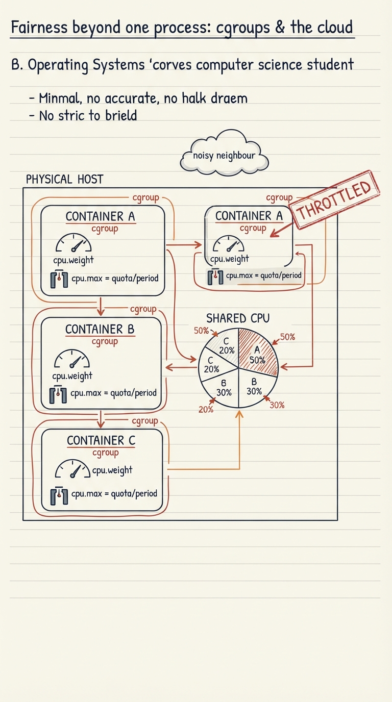Handwritten A4 diagram: one physical host box holding three container boxes A, B, C, each drawn as a cgroup with a "cpu.weight" dial and a "cpu.max = quota/period" gate; a shared CPU pie is split by weight between them, and a red "throttled" stamp sits on a container that hit its quota; a cloud icon above labelled "noisy neighbour".