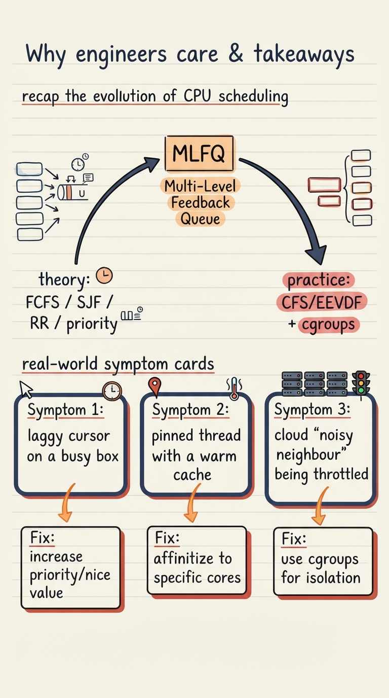 Handwritten A4 diagram: a recap arc from left "theory: FCFS / SJF / RR / priority" curving up through "MLFQ" to right "practice: CFS/EEVDF + cgroups"; below it three real-world symptom cards — a laggy cursor on a busy box, a pinned thread with a warm cache, and a cloud "noisy neighbour" being throttled — each with a one-line fix.