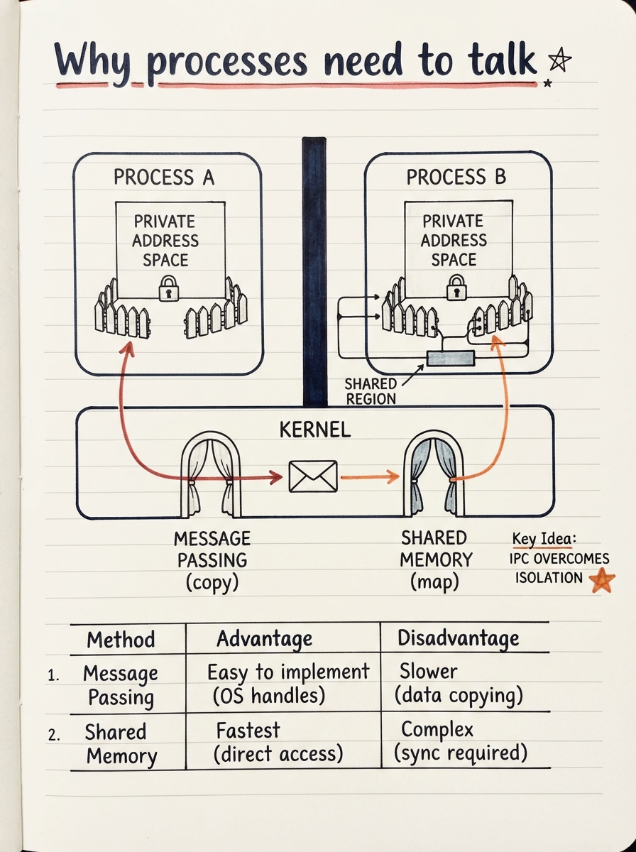 Handwritten A4 diagram: two process boxes (A and B), each with its own private address space drawn as a fenced-off block, unable to reach across a solid wall between them; below the wall the kernel sits with two labelled doorways through it — one marked "message passing (copy)" carrying an envelope, one marked "shared memory (map)" showing a single region wired into both processes.
