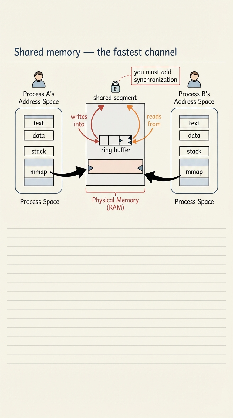 Handwritten A4 diagram: a single physical RAM region in the middle labelled "shared segment"; arrows map it into process A’s address space on the left and process B’s address space on the right via mmap, so both point at the same physical frames; a producer arrow writes into a ring buffer inside the region and a consumer arrow reads from it, with a small padlock icon labelled "you must add synchronization" hovering over the shared bytes.