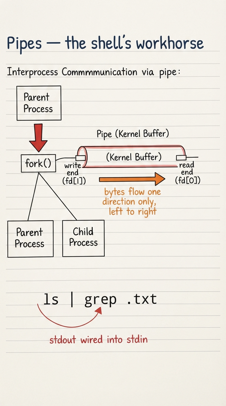 Handwritten A4 diagram: a fork creating a parent and child process; between them a kernel-managed pipe drawn as a tube with a write end (fd[1]) on the left process and a read end (fd[0]) on the right; bytes flow one direction only, left to right, through the tube; below, the shell command "ls | grep .txt" with an arrow showing ls’s stdout wired into grep’s stdin.