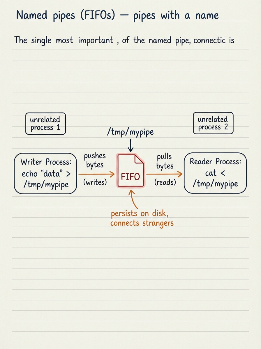 Handwritten A4 diagram: a filesystem path /tmp/mypipe drawn as a special file icon labelled "FIFO"; on the left an unrelated writer process (a shell running echo) opens the path and pushes bytes in; on the right a separate, unrelated reader process opens the same path and pulls bytes out; a note points to the file saying "persists on disk, connects strangers".
