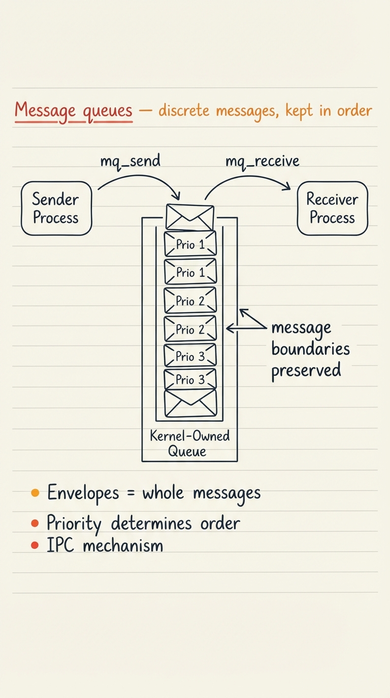 Handwritten A4 diagram: a kernel-owned queue drawn as a stack of distinct envelopes (each a whole message, not a byte stream), some tagged with a priority number; a sender process on the left drops envelopes in with mq_send, a receiver on the right lifts them out with mq_receive, highest-priority envelope taken first; a label notes "message boundaries preserved".