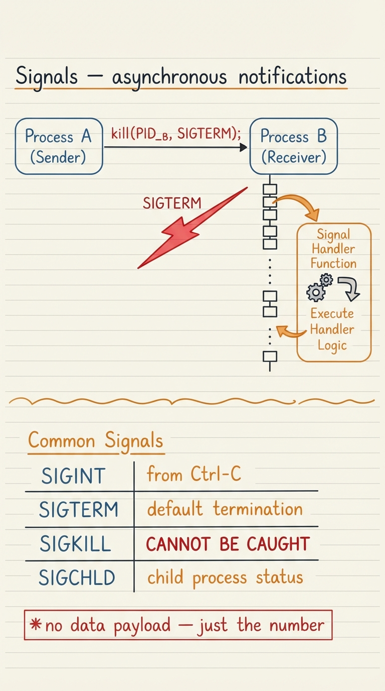 Handwritten A4 diagram: one process sending a signal to another via the kill() call; the signal drawn as a lightning bolt labelled SIGTERM striking the target process, which jumps out of its normal flow into a small "signal handler" box and then returns; a side list of common signals (SIGINT from Ctrl-C, SIGTERM, SIGKILL "cannot be caught", SIGCHLD) with a note "no data payload — just the number".