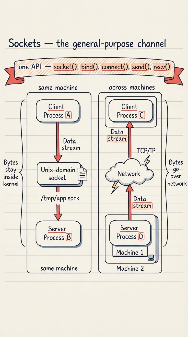 Handwritten A4 diagram: two panels sharing the same socket API. Left panel "same machine": two processes connected by a Unix-domain socket through a path /tmp/app.sock, bytes staying inside the kernel. Right panel "across machines": two processes on separate boxes connected by a network socket over TCP/IP, arrow crossing a cloud labelled network; a banner over both reads "one API — socket(), bind(), connect(), send(), recv()".
