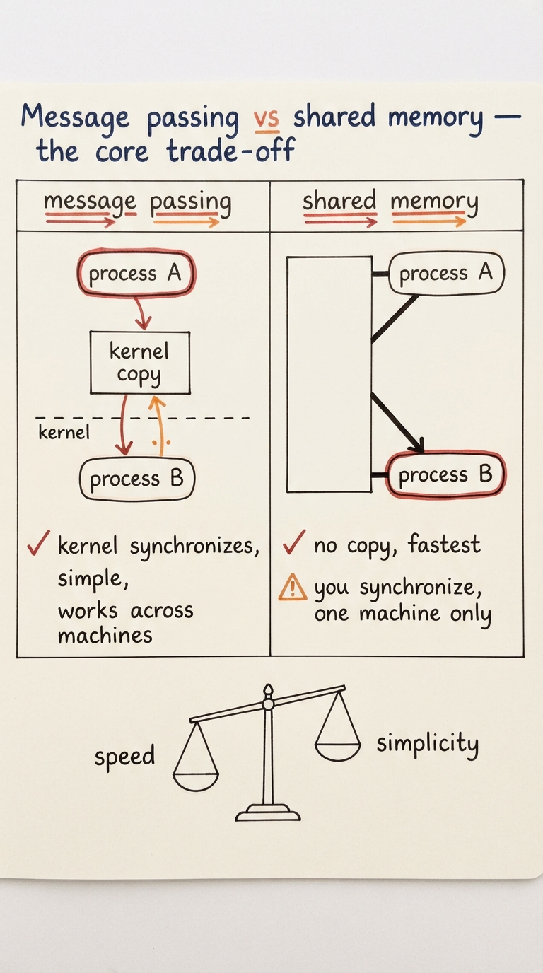Handwritten A4 diagram: a two-column comparison table. Left column "message passing" shows process A → kernel copy → process B with two arrows crossing the boundary and a tick beside "kernel synchronizes, simple, works across machines". Right column "shared memory" shows one region wired into both A and B directly with a tick beside "no copy, fastest" and a warning beside "you synchronize, one machine only". A balance scale at the bottom weighs speed against simplicity.