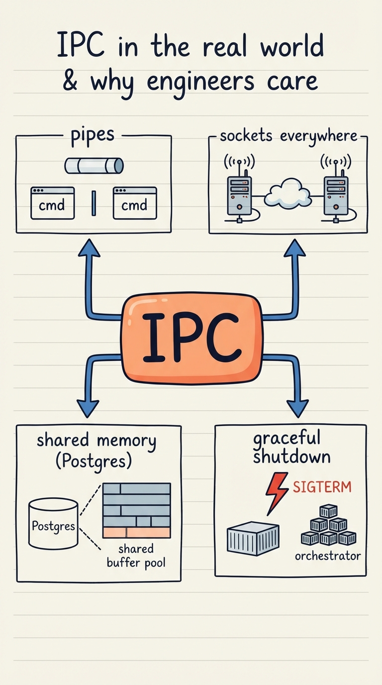 Handwritten A4 diagram: four labelled vignettes around a central "IPC" hub — a shell pipeline (cmd | cmd) tagged "pipes", two servers over a network tagged "sockets everywhere", a database engine with a shared buffer pool tagged "shared memory (Postgres)", and a container receiving a SIGTERM lightning bolt from an orchestrator tagged "graceful shutdown"; arrows tie each vignette back to the mechanism it uses.