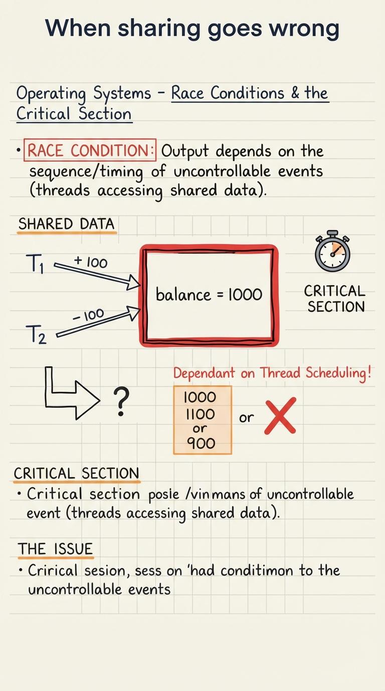 Handwritten A4 diagram: one shared box labelled "balance = 1000" in the middle; two threads T1 and T2 drawn as arrows both reaching into that box at the same time, T1 adding 100 and T2 withdrawing 100; a question mark over the final value showing it could end up 1000, 1100, or 900 depending on timing.