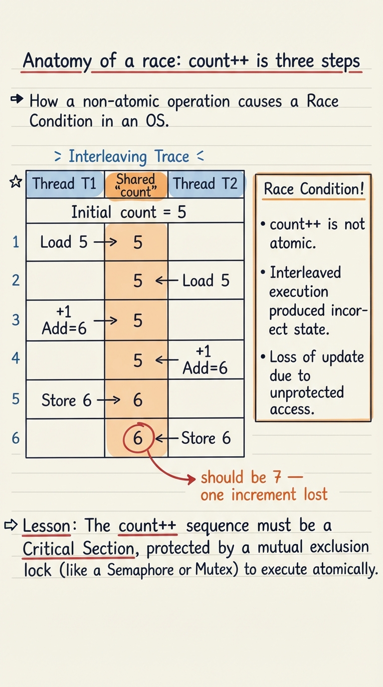 Handwritten A4 diagram: an interleaving table with two thread columns (T1, T2) and a shared "count" column; count starts at 5; rows show T1 load 5, T2 load 5, T1 add=6, T2 add=6, T1 store 6, T2 store 6; the final count is circled as 6 with a note "should be 7 — one increment lost".