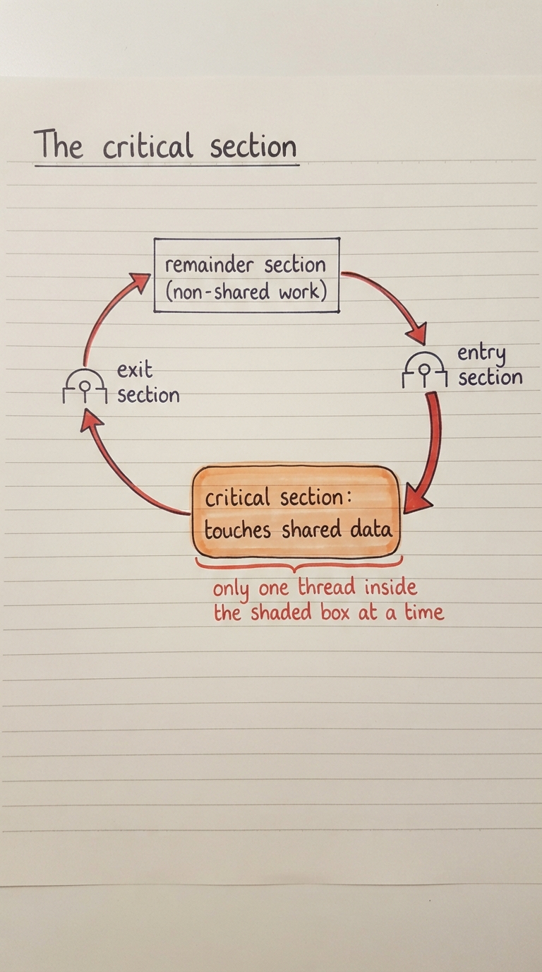 Handwritten A4 diagram: a thread loop drawn as a cycle — "entry section" (a gate), then a highlighted shaded box labelled "critical section: touches shared data", then "exit section" (gate opening), then "remainder section" (non-shared work); a note says "only one thread inside the shaded box at a time".
