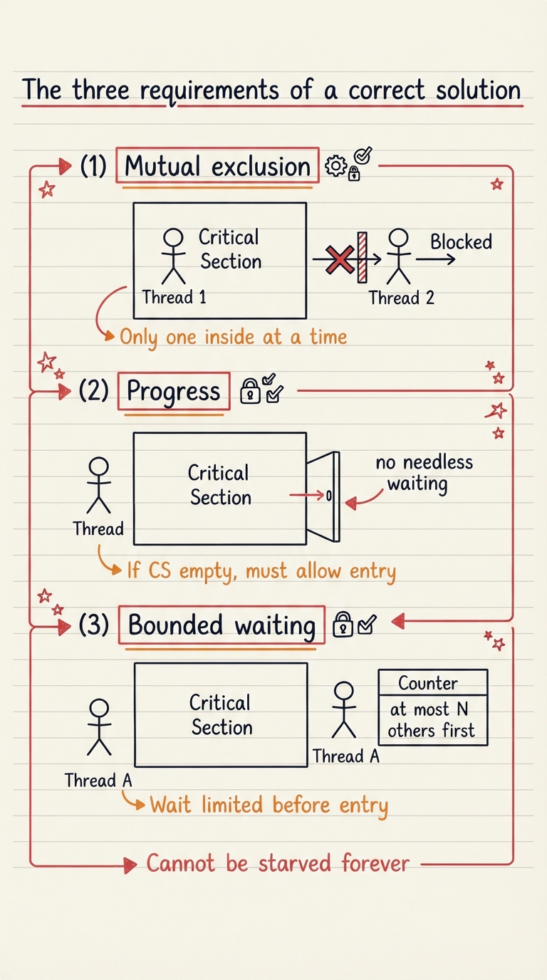 Handwritten A4 diagram: three labelled panels — (1) Mutual exclusion: two threads, only one inside the box, the other blocked at the gate; (2) Progress: an empty critical section with a waiting thread being let in, arrow "no needless waiting"; (3) Bounded waiting: a thread with a small counter "at most N others first" so it cannot be starved forever.