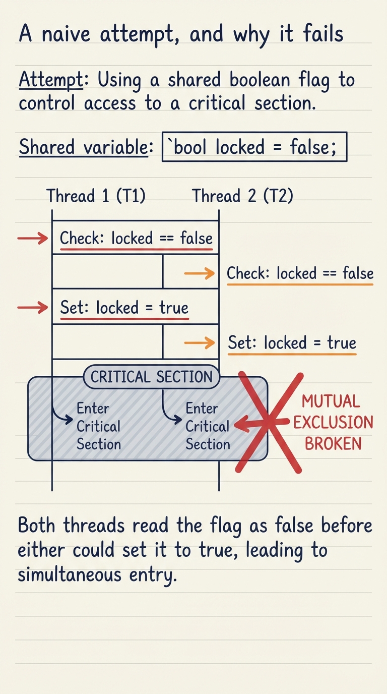 Handwritten A4 diagram: two threads sharing a boolean flag "locked"; an interleaving table shows T1 reads locked==false, T2 reads locked==false (both before either sets it), then both set locked=true and both enter the shaded critical section together; a big red cross over "mutual exclusion broken".