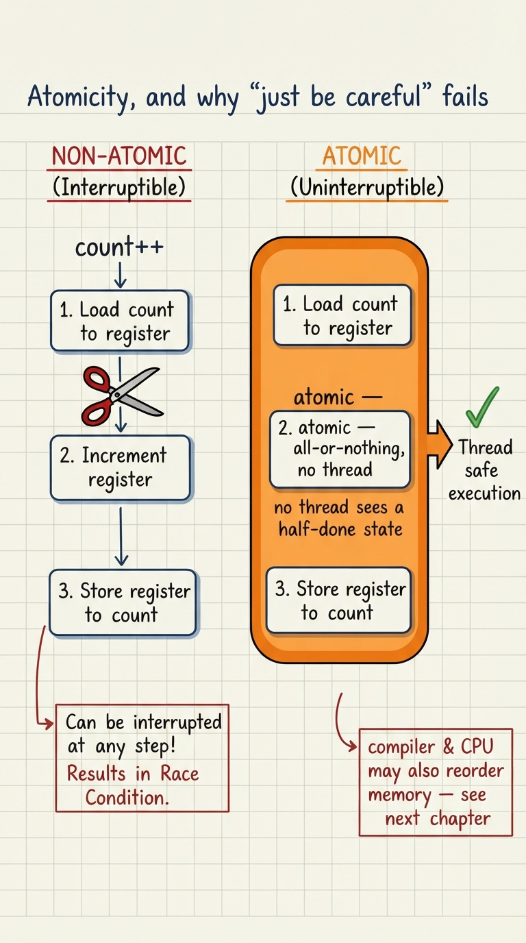 Handwritten A4 diagram: left half shows count++ as three interruptible steps with scissors cutting between them (non-atomic); right half shows the same operation inside a solid unbreakable capsule labelled "atomic — all-or-nothing, no thread sees a half-done state"; a small side note: "compiler & CPU may also reorder memory — see next chapter".