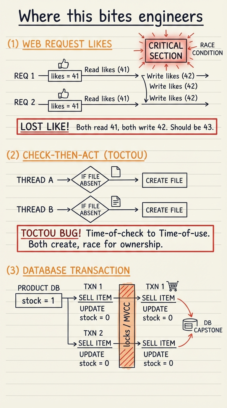 Handwritten A4 diagram: three real-world panels — (1) two web requests both reading likes=41 and both writing 42, a lost like; (2) check-then-act: two threads both see "file absent" then both create it (TOCTOU); (3) a database row "stock = 1" with two transactions both selling it, and a box labelled "locks / MVCC" holding them apart, arrow to "DB capstone".