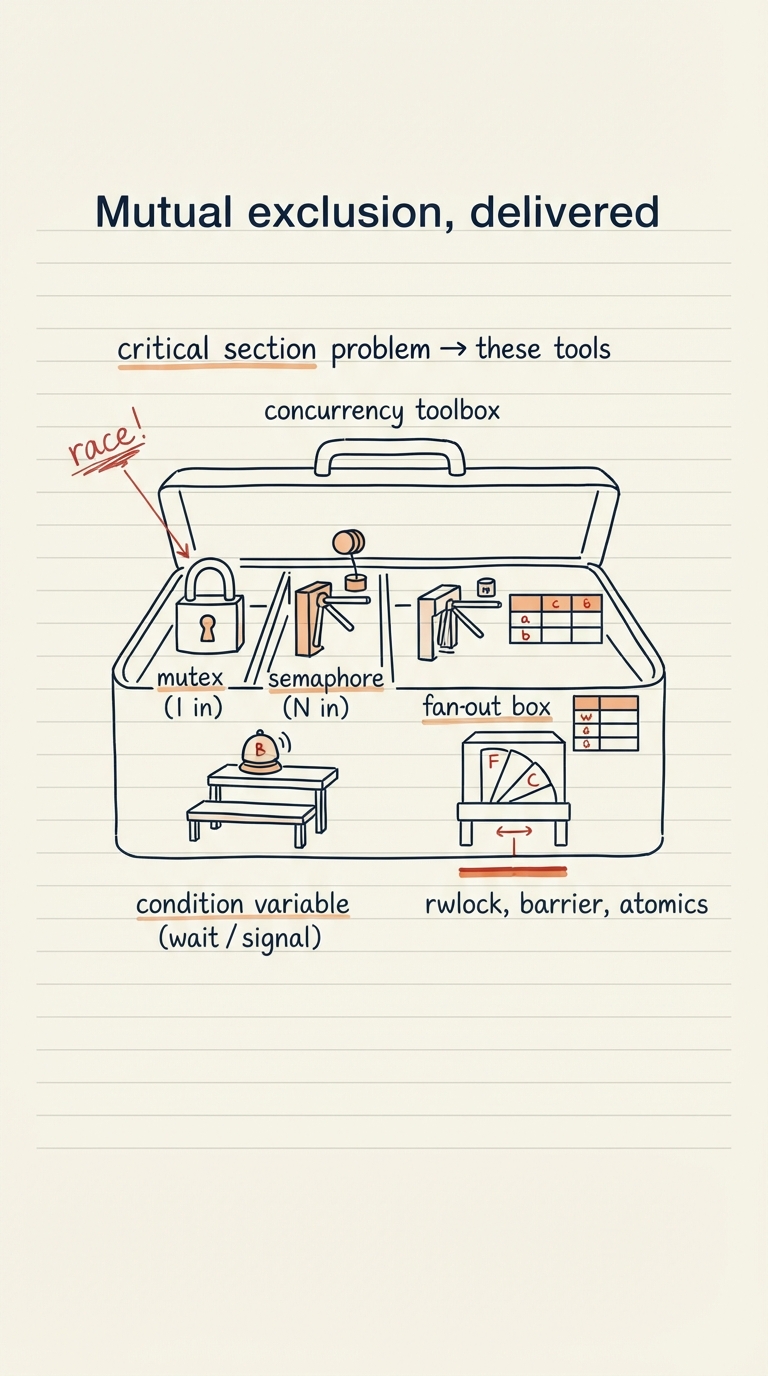 Handwritten A4 diagram: a labelled "concurrency toolbox" drawn as an open toolbox with four compartments — a padlock tagged "mutex (1 in)", a turnstile with a counter tagged "semaphore (N in)", a small bell-and-waiting-bench tagged "condition variable (wait / signal)", and a fan-out box tagged "rwlock, barrier, atomics"; above the box a caption reads "critical section problem → these tools", and a thin arrow points from a red "race!" scribble into the toolbox.