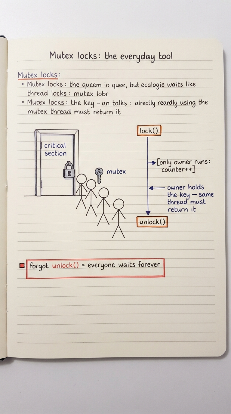 Handwritten A4 diagram: a single door labelled "critical section" with a padlock; a queue of three thread figures waits outside, the front one holding a key labelled "mutex"; a side timeline shows lock() → [only owner runs: counter++] → unlock(), with a note "owner holds the key — same thread must return it"; a small red box warns "forgot unlock() = everyone waits forever".