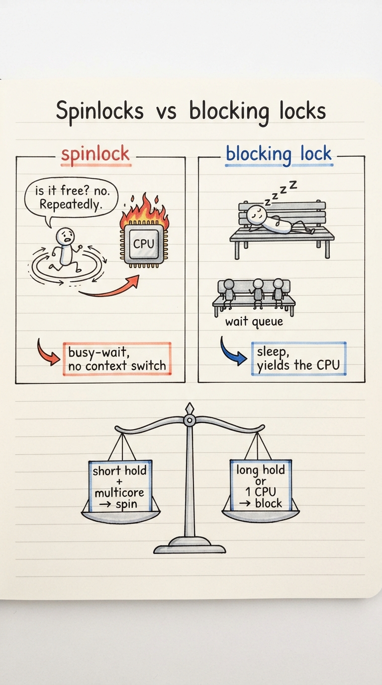 Handwritten A4 diagram: two side-by-side panels. Left "spinlock" shows a thread running in a tight loop "is it free? no. is it free? no." burning a CPU core (little flames), tagged "busy-wait, no context switch". Right "blocking lock" shows a thread lying on a bench asleep while the OS puts it on a wait queue, tagged "sleep, yields the CPU". Below, a balance scale weighs "short hold + multicore → spin" against "long hold or 1 CPU → block".