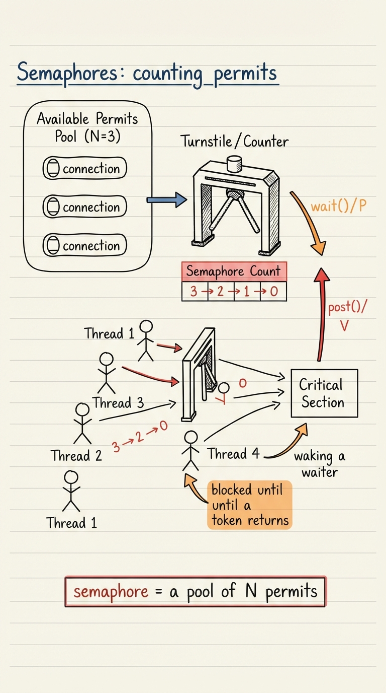 Handwritten A4 diagram: a pool of three identical "connection" tokens behind a turnstile labelled with a counter starting at 3; four thread figures approach — three pass through (counter ticks 3→2→1→0) and the fourth is stopped at the turnstile marked "blocked until a token returns"; arrows show wait()/P decrementing the counter and post()/V incrementing it and waking a waiter; a caption reads "semaphore = a pool of N permits".