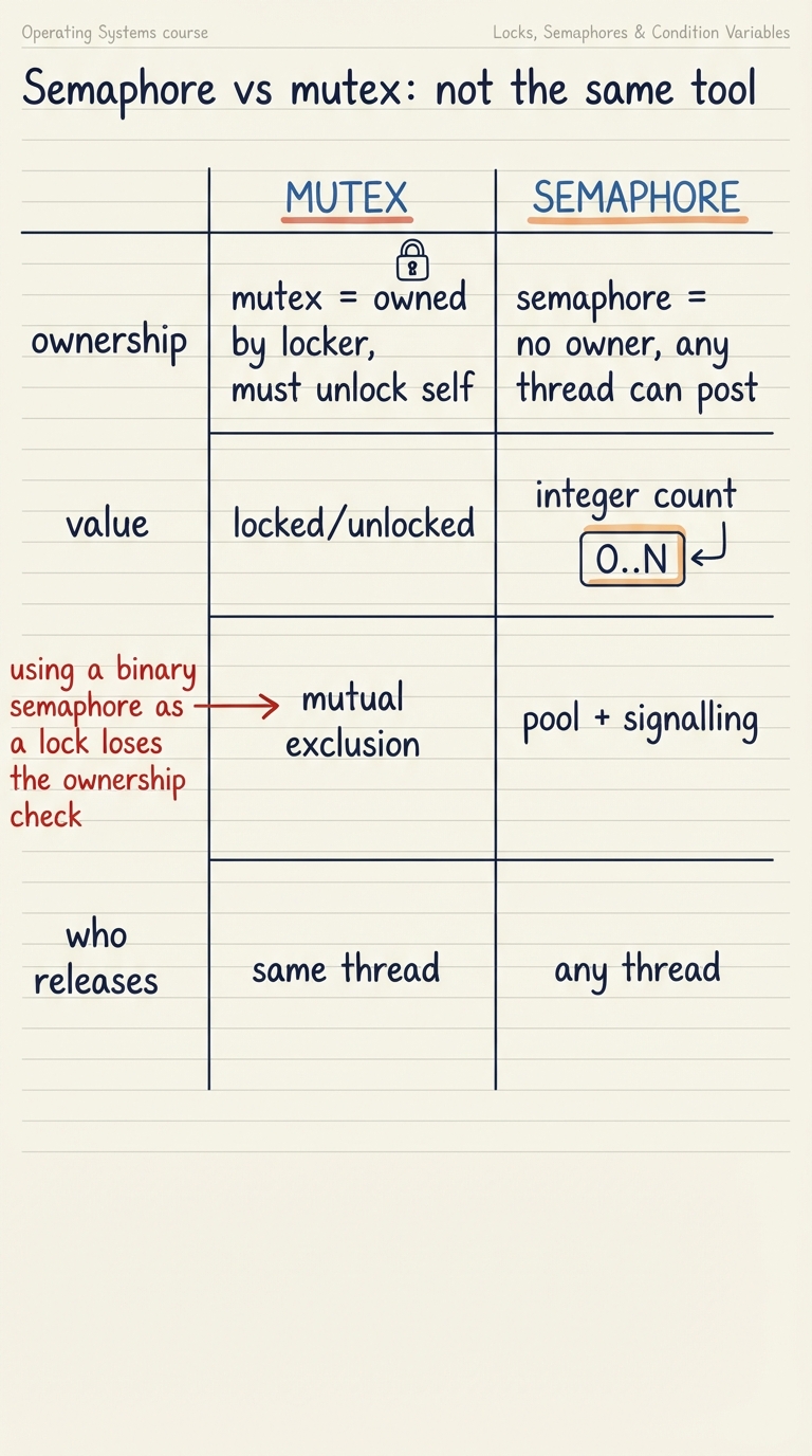 Handwritten A4 comparison table on A4: two columns "MUTEX" and "SEMAPHORE". Rows: ownership (mutex = owned by locker, must unlock self / semaphore = no owner, any thread can post); value (locked/unlocked vs integer count 0..N); purpose (mutual exclusion vs pool + signalling); who releases (same thread vs any thread). A red margin note flags "using a binary semaphore as a lock loses the ownership check".