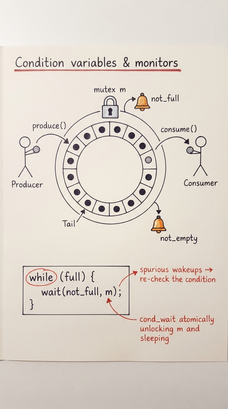 Handwritten A4 diagram: a bounded ring buffer of 16 slots in the centre; a producer figure on the left dropping items in and a consumer on the right taking them out. Around the buffer a padlock labelled "mutex m". Two bells labelled "not_full" and "not_empty" hang off it. A boxed code fragment shows "while (full) wait(not_full, m)" with the word WHILE circled and a note "spurious wakeups → re-check the condition"; an arrow shows cond_wait atomically unlocking m and sleeping.