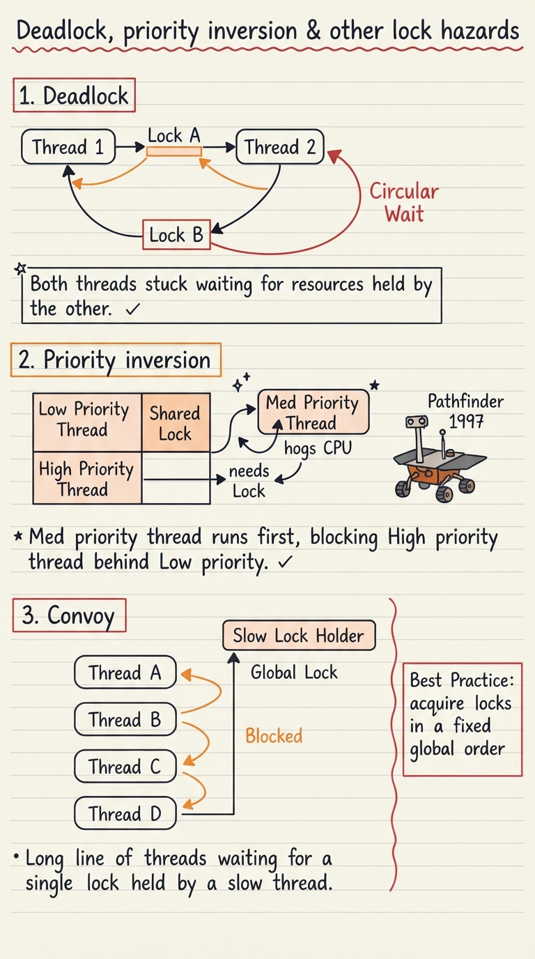 Handwritten A4 diagram: three mini-panels. (1) "Deadlock" — thread 1 holds lock A reaching for B, thread 2 holds B reaching for A, drawn as a circular wait with a red loop. (2) "Priority inversion" — a low-priority thread holds a lock, a high-priority thread is blocked on it, and a medium-priority thread hogs the CPU in between; a Mars rover doodle labelled "Pathfinder 1997". (3) "Convoy" — a long queue of threads stacked up behind one slow lock holder. A margin note: "acquire locks in a fixed global order".