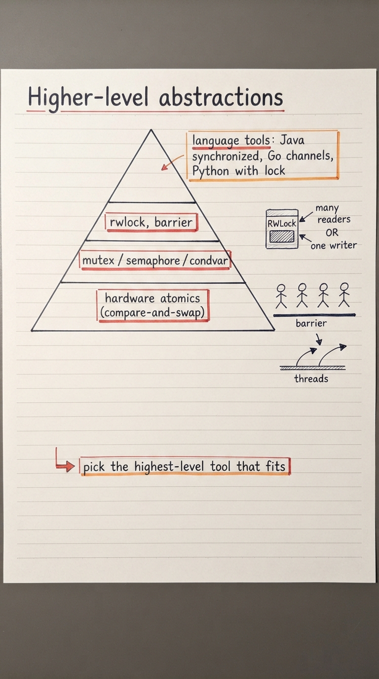 Handwritten A4 diagram: a layered pyramid. Bottom layer "hardware atomics (compare-and-swap)"; next "mutex / semaphore / condvar"; next "rwlock, barrier"; top "language tools: Java synchronized, Go channels, Python with lock". Beside it two small sketches: a read-write lock showing many readers OR one writer, and a barrier showing 4 threads arriving at a line and only crossing together. A caption: "pick the highest-level tool that fits".