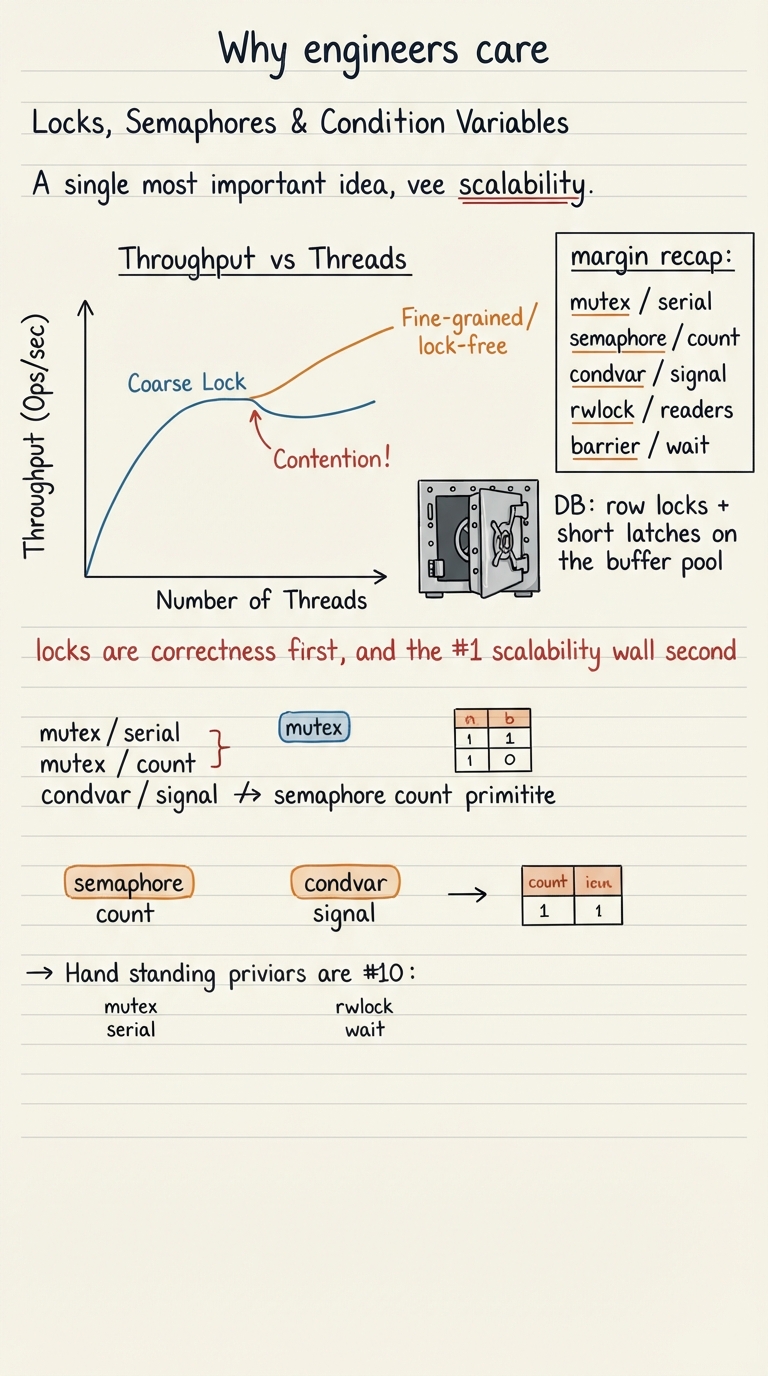 Handwritten A4 diagram: a throughput-vs-threads graph where one curve "coarse lock" rises then flattens and dips (contention), and a second curve "fine-grained / lock-free" keeps climbing. Beside it a bank-vault doodle labelled "DB: row locks + short latches on the buffer pool". A margin recap box lists mutex / semaphore / condvar / rwlock / barrier with one-word cues. A caption: "locks are correctness first, and the #1 scalability wall second".