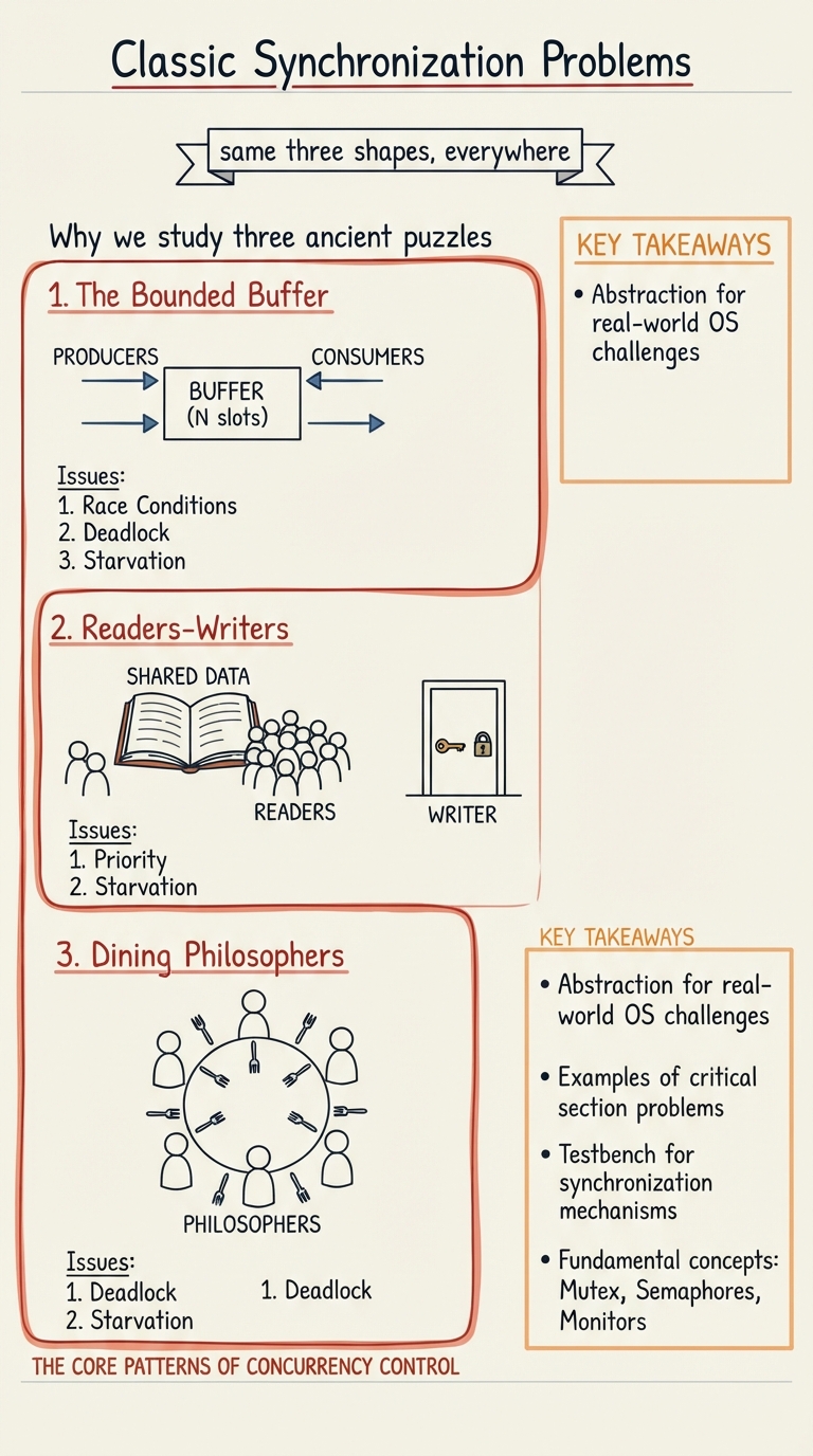 Handwritten A4 diagram: three labelled panels side by side — left, a bounded buffer box with "producers" arrows in and "consumers" arrows out; middle, a shared book with a crowd of "readers" allowed together but a single "writer" behind a locked door; right, five philosophers seated around a round table with a single fork drawn between each neighbouring pair. A banner across the top reads "same three shapes, everywhere".