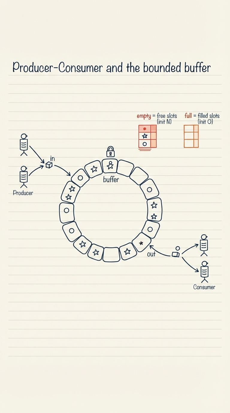 Handwritten A4 diagram: a fixed-size ring buffer of N slots drawn as boxes, with an "in" pointer where producers deposit items and an "out" pointer where consumers remove them. Two counting semaphores are labelled beside it — "empty = free slots (init N)" and "full = filled slots (init 0)" — and a small mutex padlock sits on the buffer itself. Producer threads on the left push in; consumer threads on the right pull out.