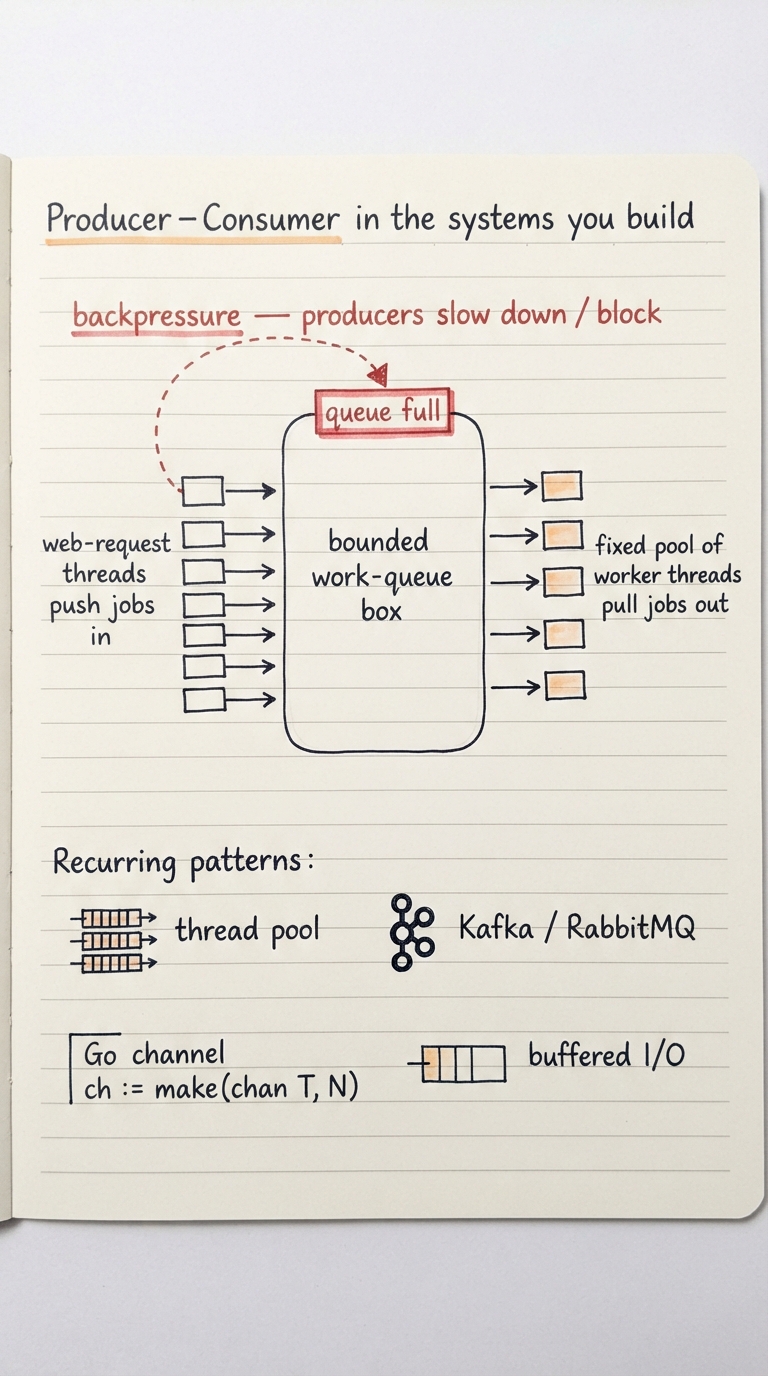 Handwritten A4 diagram: a central bounded work-queue box. On the left, web-request threads push jobs in. On the right, a fixed pool of worker threads pull jobs out. A dashed arrow loops from a "queue full" label back to the producers with the label "backpressure — producers slow down / block". Below, small icons labelled "thread pool", "Kafka / RabbitMQ", "Go channel ch := make(chan T, N)", and "buffered I/O" show the same shape recurring.