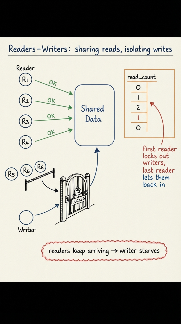 Handwritten A4 diagram: a shared data box in the centre. Multiple reader threads connect to it simultaneously with green "OK" arrows, shown reading together. A single writer thread reaches it through a locked gate; while the writer holds the gate, all readers are queued behind a barrier. A side note tracks "read_count" with an arrow showing "first reader locks out writers, last reader lets them back in". A caution bubble reads "readers keep arriving → writer starves".