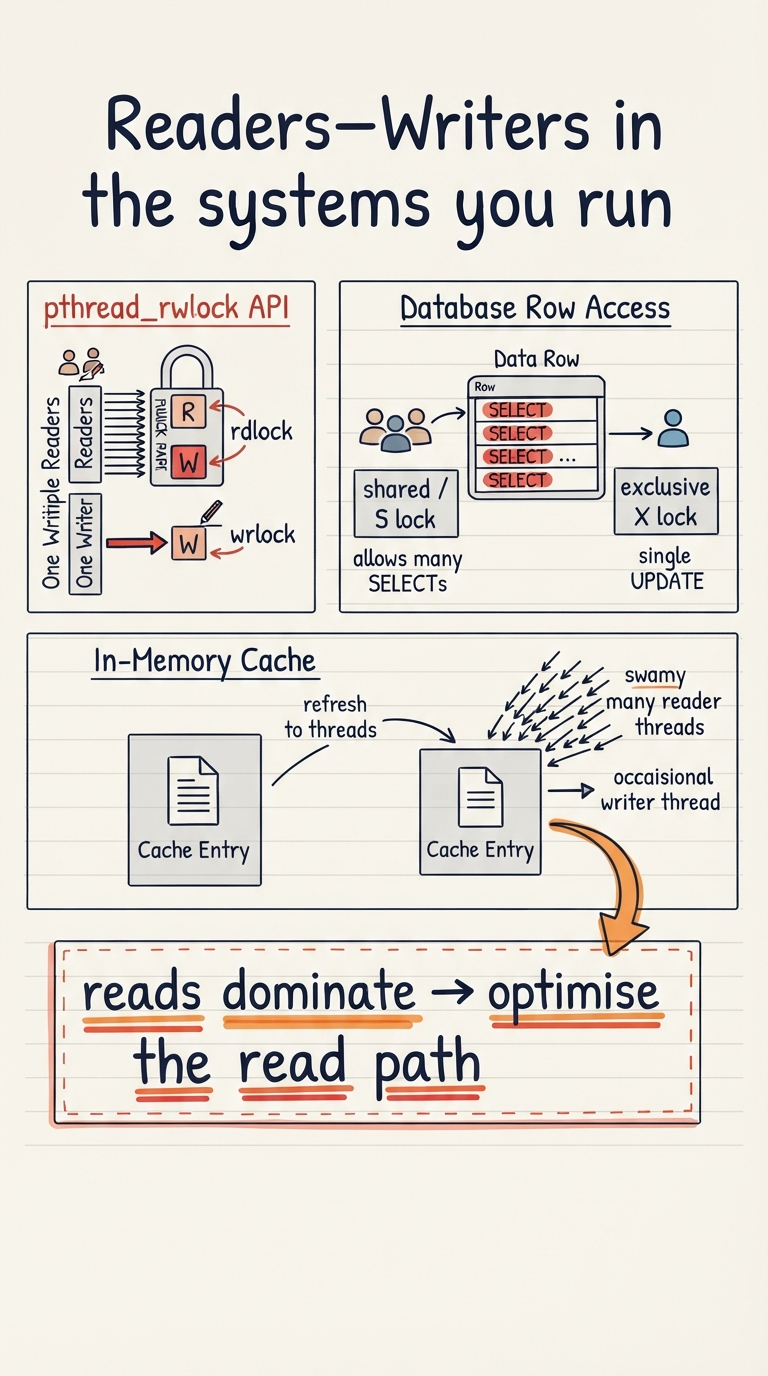 Handwritten A4 diagram: three labelled panels. Left, a "read-write lock" API sketch showing pthread_rwlock with rdlock (many arrows) and wrlock (one arrow). Middle, a database row with "shared / S lock" allowing many SELECTs and "exclusive / X lock" for a single UPDATE. Right, an in-memory cache box with a swarm of reader threads and one occasional writer refreshing an entry, annotated "reads dominate → optimise the read path".