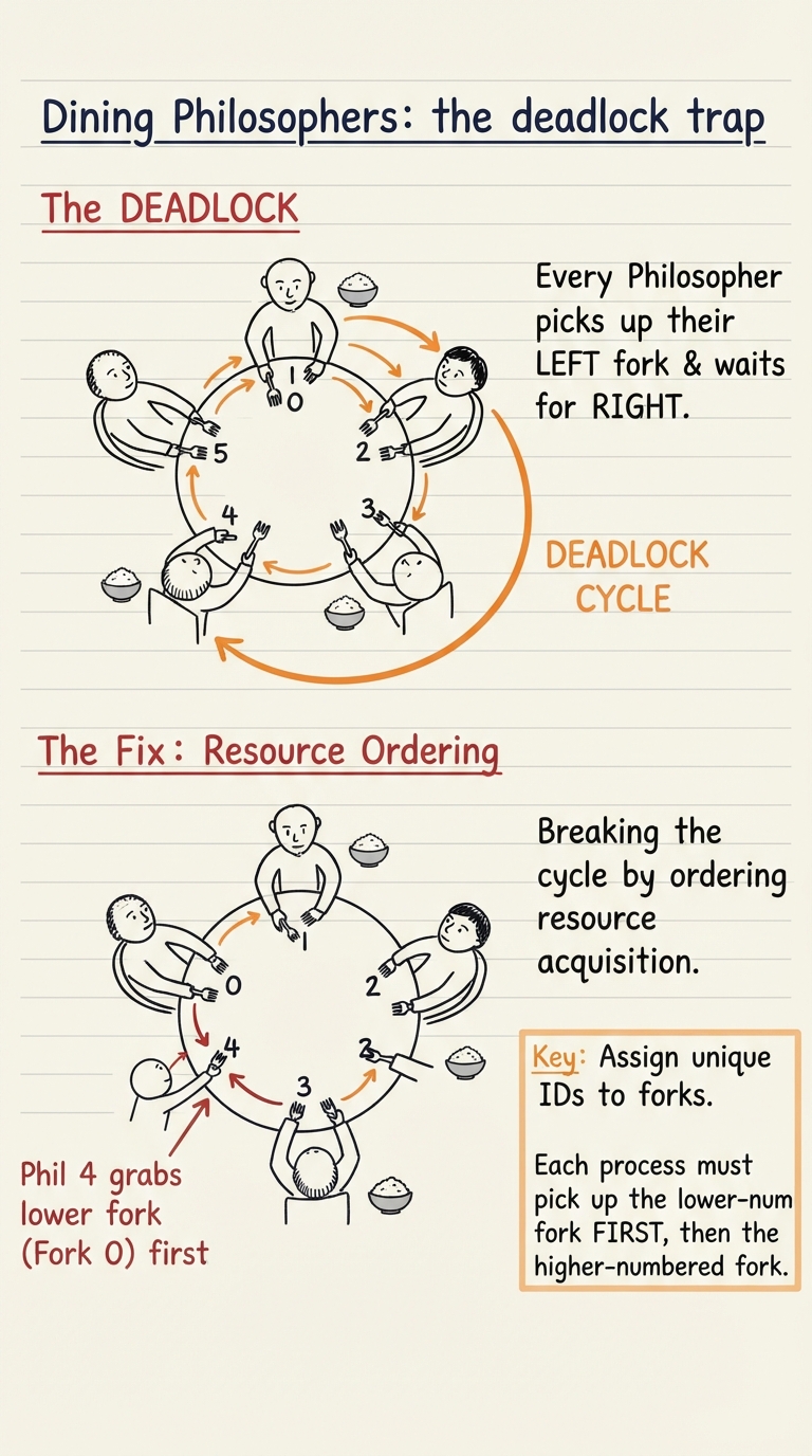 Handwritten A4 diagram: five philosophers seated around a round table, numbered 0 to 4, with a single fork drawn between each adjacent pair (five forks total). Each philosopher needs both neighbouring forks to eat. One panel shows every philosopher having grabbed their left fork and reaching in vain for the right, arrows forming a cycle labelled "DEADLOCK". A second panel shows the fix: philosopher 4 reaching for the lower-numbered fork first, breaking the cycle.