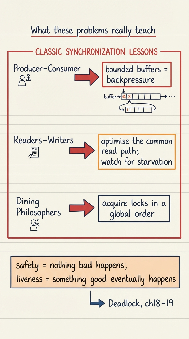 Handwritten A4 summary sheet: three rows, each a problem mapped to its real-world lesson. Row 1, Producer–Consumer arrow to "bounded buffers = backpressure". Row 2, Readers–Writers arrow to "optimise the common read path; watch for starvation". Row 3, Dining Philosophers arrow to "acquire locks in a global order". A footer box labelled "safety = nothing bad happens; liveness = something good eventually happens" and a forward arrow to "Deadlock, ch18–19".