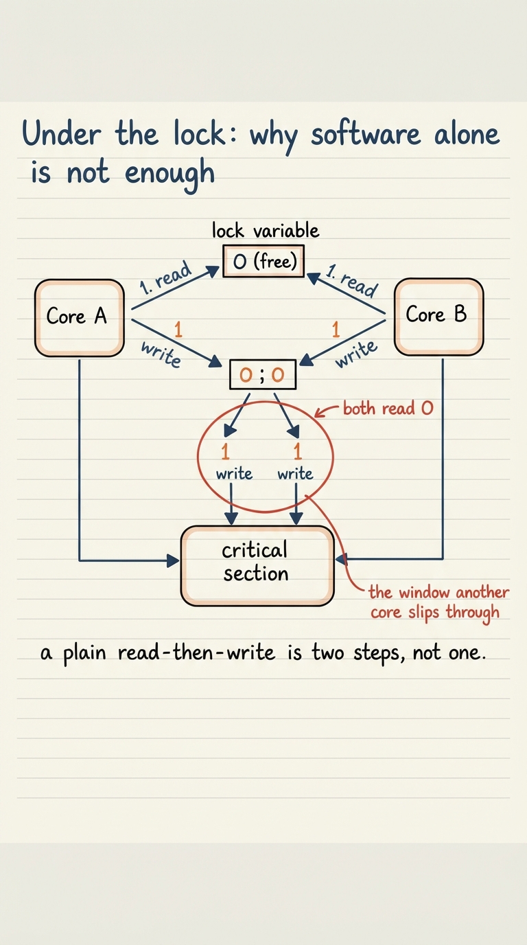 Handwritten A4 diagram: a lock variable in shared memory showing value 0 (free). Two CPU cores, core A and core B, each with an arrow reading the variable and seeing 0, then both writing 1, then both stepping into the same "critical section" box. A red circle around the gap between the read and the write labelled "the window another core slips through". Below, a caption: a plain read-then-write is two steps, not one.