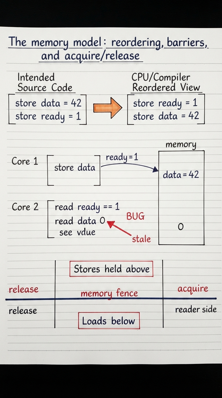 Handwritten A4 timeline: source code on the left lists store data=42 then store ready=1. On the right, a CPU/compiler "reordered" view swaps them so ready=1 lands in memory first. A second core reads ready==1, then reads data and sees the stale 0 — a bug arrow points to it. Below, a horizontal barrier line labelled "memory fence" with stores held above it and loads below, plus tags "release" on the writer side and "acquire" on the reader side.