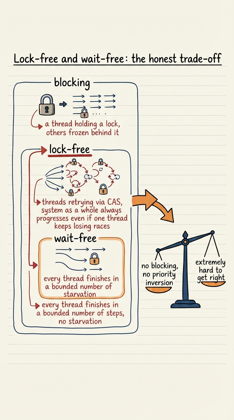 Handwritten A4 diagram: three nested bands labelled blocking (a thread holding a lock, others frozen behind it), lock-free (threads retrying via CAS, system as a whole always progresses even if one thread keeps losing races), and wait-free (every thread finishes in a bounded number of steps, no starvation). Beside them a balance scale weighing "no blocking, no priority inversion" against "extremely hard to get right", tilted toward difficulty.