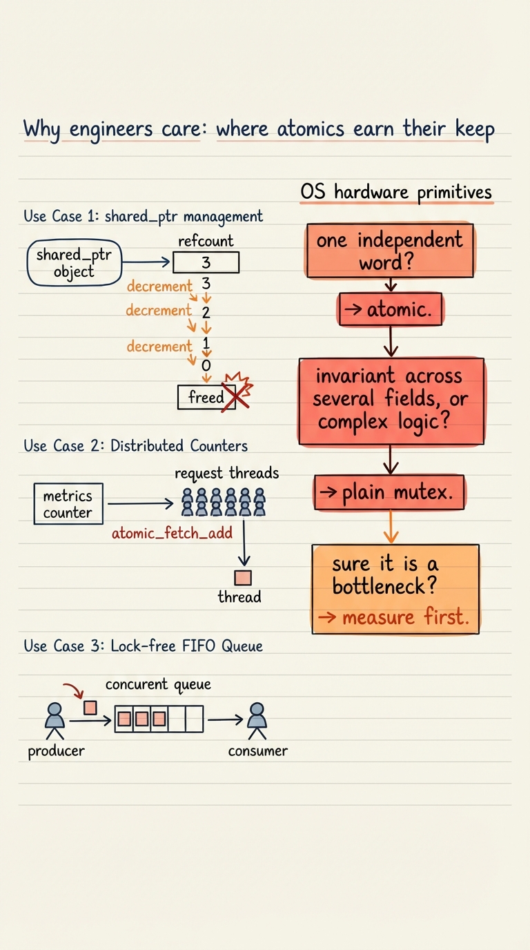 Handwritten A4 diagram: three real-world use cases as small sketches — (1) a shared_ptr object with an atomic refcount going 3 -> 2 -> 1 -> 0 then freed, (2) a metrics counter incremented by many request threads with atomic_fetch_add, (3) a concurrent queue handing items between producer and consumer. Beside them a decision flowchart: "one independent word? -> atomic. invariant across several fields, or complex logic? -> plain mutex. sure it is a bottleneck? -> measure first."