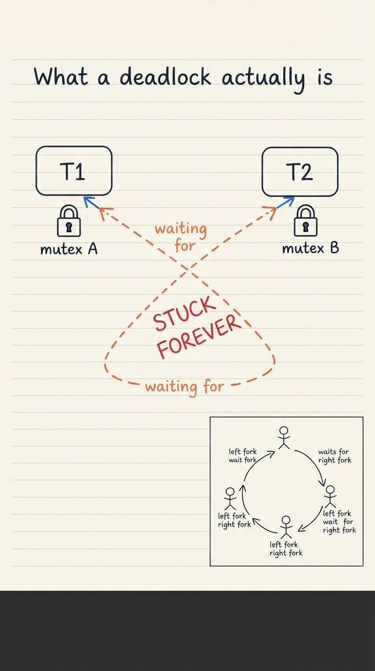 Handwritten A4 diagram: two process boxes T1 and T2 in the middle. T1 holds a padlock labelled "mutex A" (solid arrow from A to T1) and reaches with a dashed "waiting for" arrow toward mutex B; T2 holds mutex B and reaches with a dashed arrow toward mutex A. The two dashed arrows cross to form a closed loop, with a big red "STUCK FOREVER" scrawled across the crossing. A small inset redraws the same loop as five dining philosophers each holding a left fork and waiting on the right.