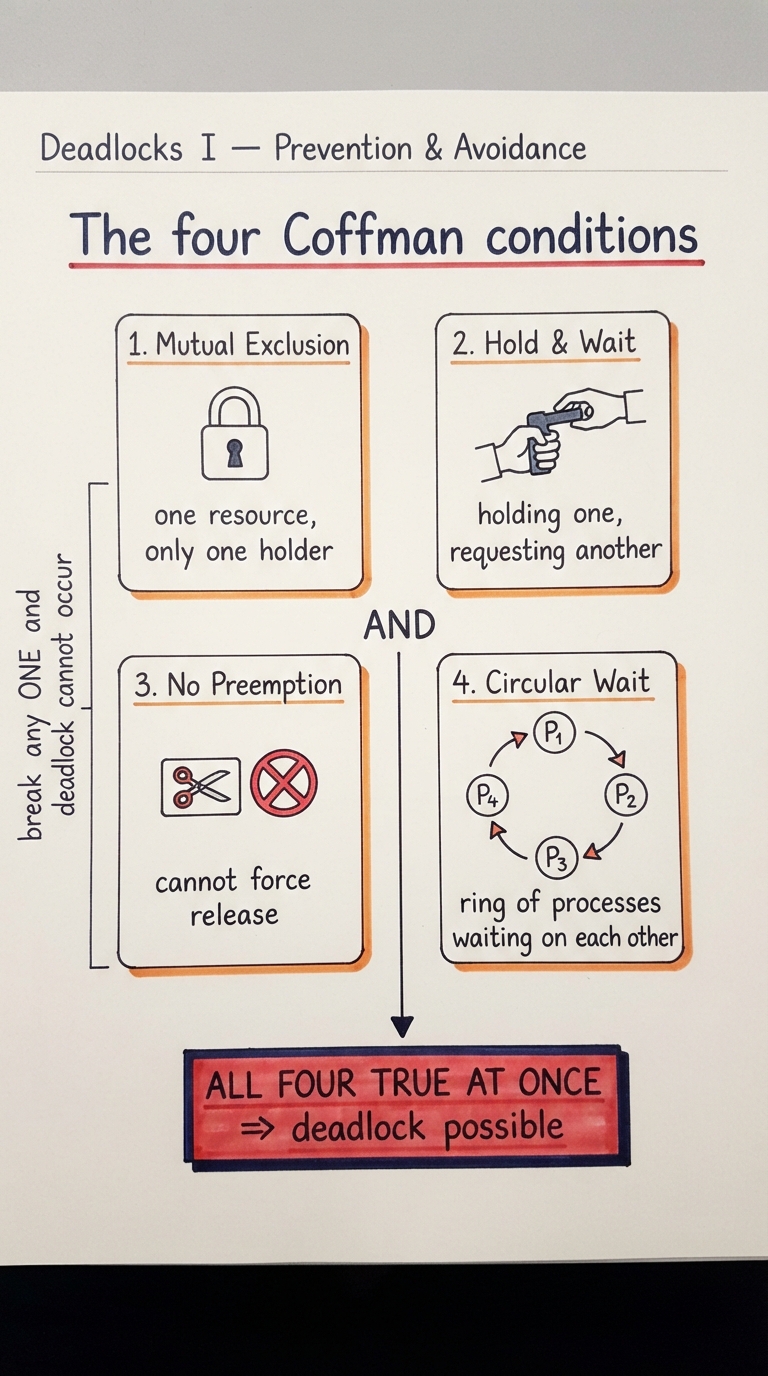 Handwritten A4 diagram: four labelled cards laid in a 2x2 grid — "1. Mutual Exclusion" (one resource, a padlock, only one holder), "2. Hold & Wait" (a hand gripping one resource while reaching for another), "3. No Preemption" (a resource with a scissors-and-no crossed out, nobody can force a release), "4. Circular Wait" (a ring of four processes each pointing to the next). Below the grid, a big AND symbol joins all four into one box reading "ALL FOUR TRUE AT ONCE => deadlock possible". A margin note: "break any ONE and deadlock cannot occur".