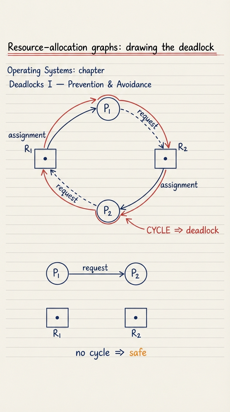 Handwritten A4 diagram: a resource-allocation graph. Two process nodes drawn as circles (P1, P2) and two resource nodes drawn as squares (R1, R2) with a single dot inside each meaning one instance. A solid "assignment" arrow goes from R1 to P1 and from R2 to P2; a dashed "request" arrow goes from P1 to R2 and from P2 to R1. The four arrows form a closed loop, traced in red and labelled "CYCLE => deadlock". A second smaller graph beside it shows the same nodes but with no cycle (P2 requests nothing) labelled "no cycle => safe".