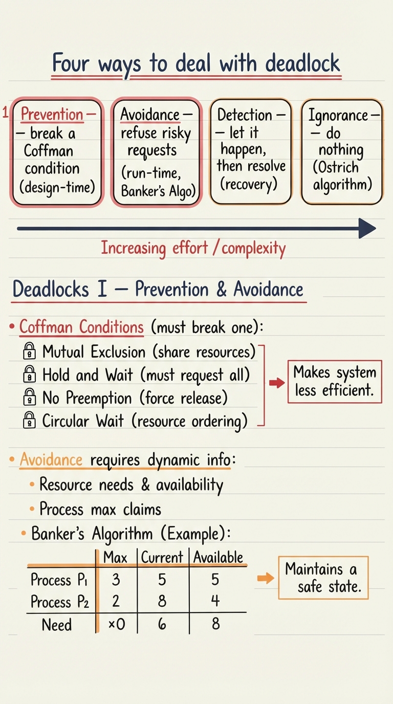 Handwritten A4 diagram: four labelled boxes arranged left to right along an arrow of increasing effort. Box 1 "Prevention — break a Coffman condition (design-time)". Box 2 "Avoidance — refuse risky requests (run-time, Banker's)". Box 3 "Detection + Recovery — let it happen, find the cycle, kill something (next chapter)". Box 4 "Ostrich — ignore it, reboot if needed", drawn as a cartoon ostrich with its head in the sand. A margin note reads "this chapter = boxes 1 and 2".