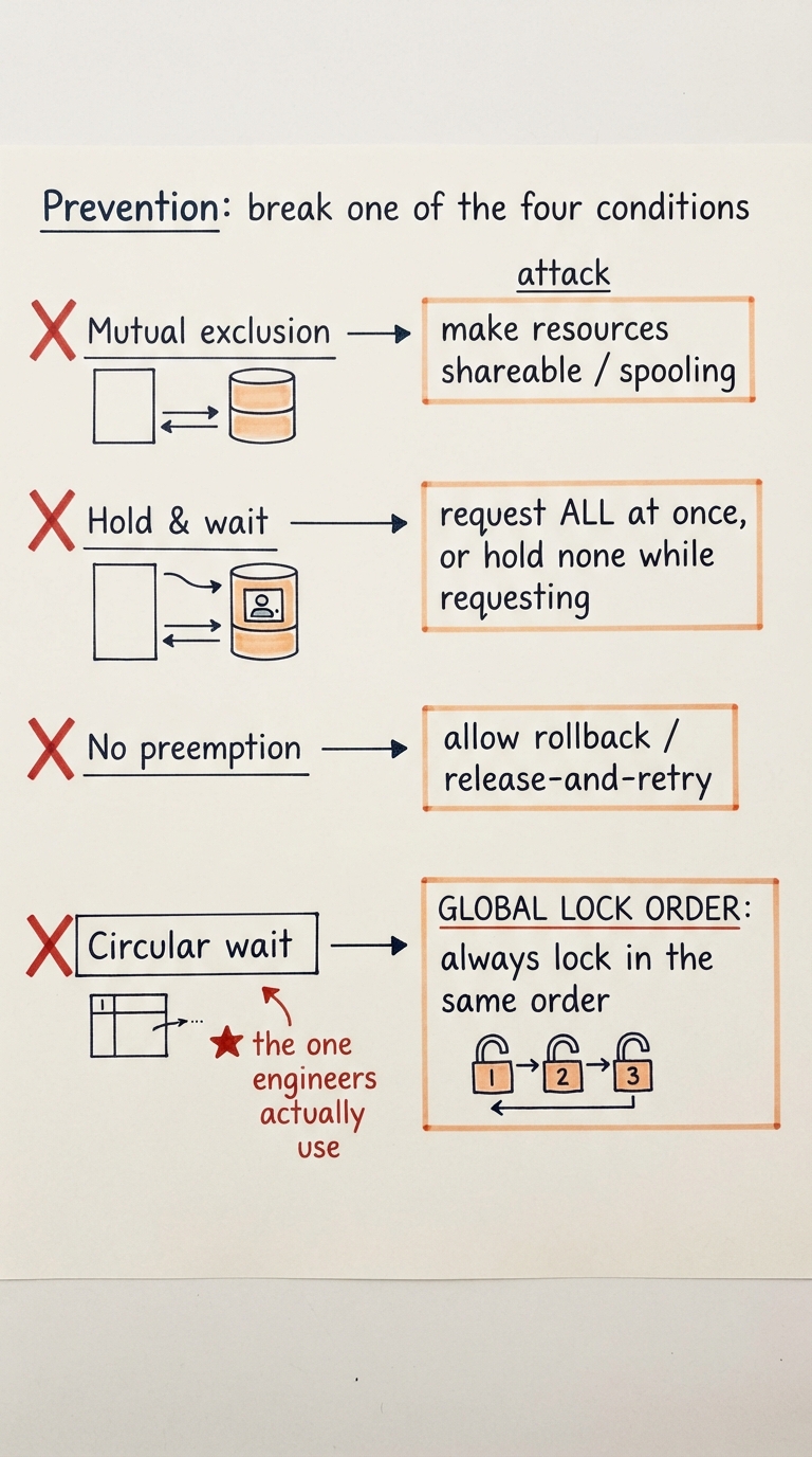 Handwritten A4 diagram: the four Coffman conditions listed down the left, each with a big red X and an arrow to its "attack" on the right. Mutual exclusion -> "make resources shareable / spooling". Hold & wait -> "request ALL at once, or hold none while requesting". No preemption -> "allow rollback / release-and-retry". Circular wait -> "GLOBAL LOCK ORDER: always lock in the same order" drawn with locks numbered 1,2,3 and an arrow showing they must be taken low-to-high. A star marks the circular-wait row with a note "the one engineers actually use".