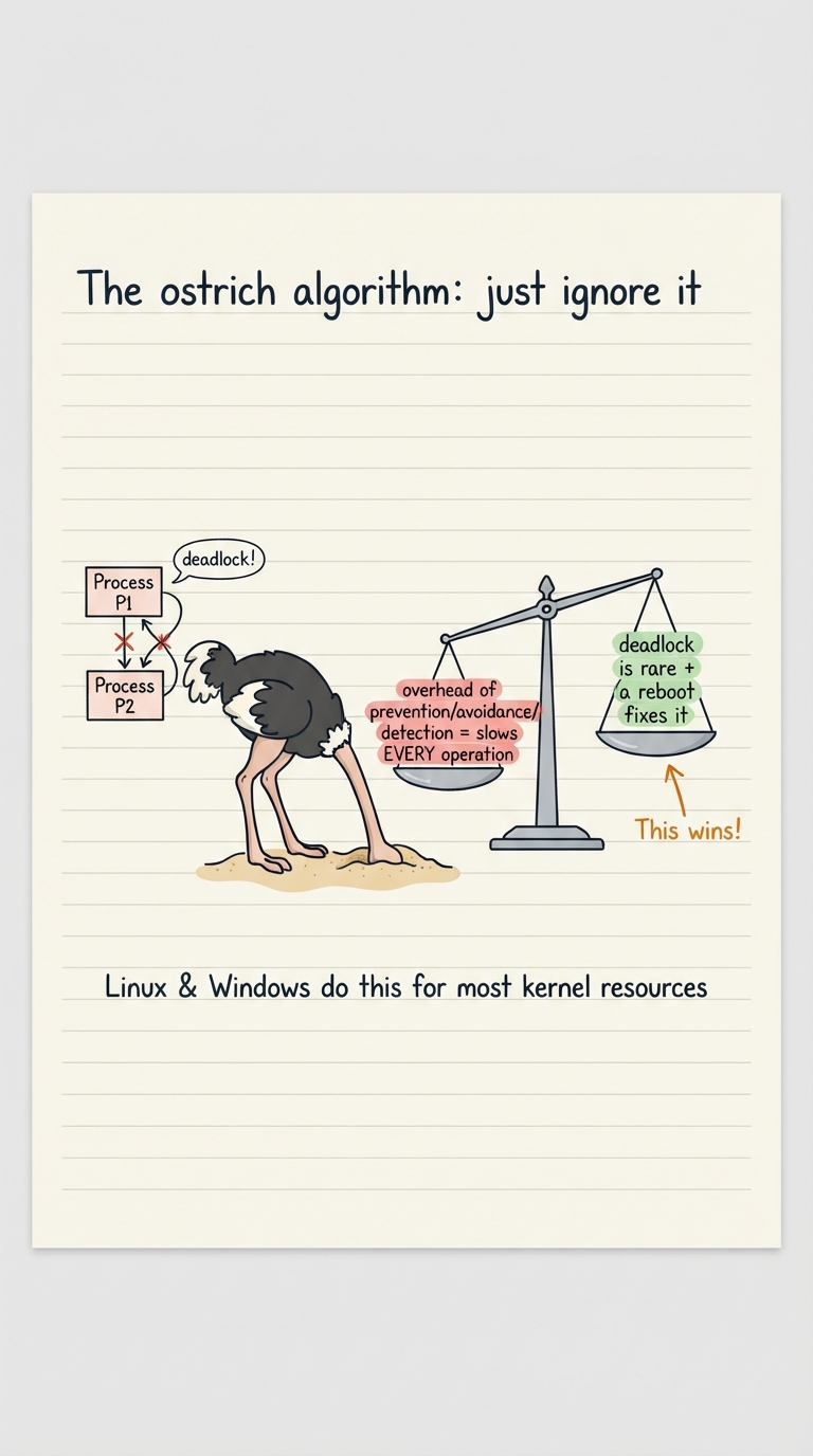 Handwritten A4 diagram: a cartoon ostrich with its head buried in the sand, a tiny "deadlock!" speech bubble near a couple of stuck process boxes it is ignoring. A cost/benefit balance scale beside it: on one pan, "overhead of prevention/avoidance/detection = slows EVERY operation"; on the other pan, "deadlock is rare + a reboot fixes it". The reboot pan sits lower (wins). A caption reads "Linux & Windows do this for most kernel resources".