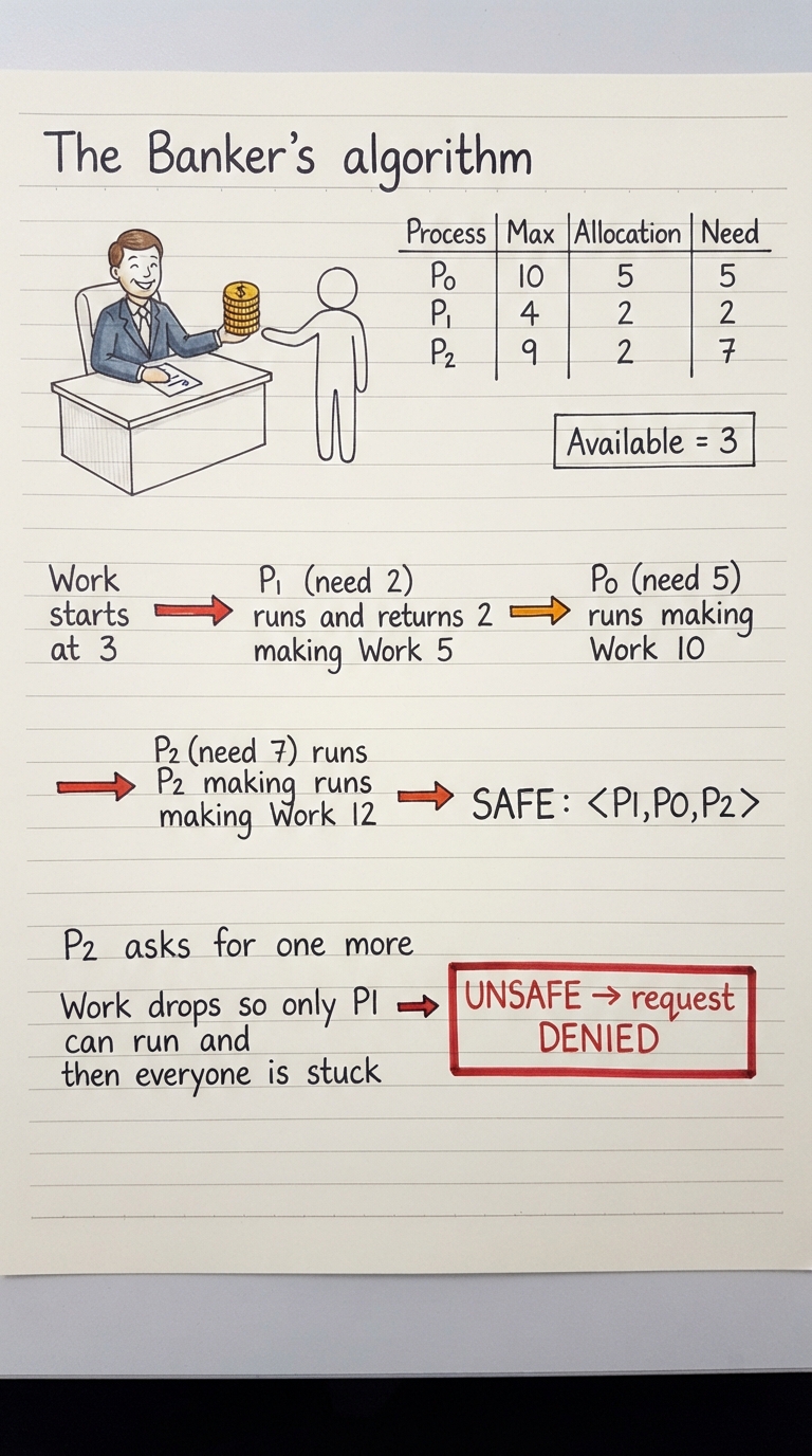 Handwritten A4 diagram: a banker at a desk lending a single resource. A table with columns Process, Max, Allocation, Need for P0, P1, P2, and an "Available = 3" box to the side. Below, the safety check worked as a chain: Work starts at 3, P1 (need 2) runs and returns 2 making Work 5, P0 (need 5) runs making Work 10, P2 (need 7) runs making Work 12, ending "SAFE: <P1,P0,P2>". Beside it a second scenario where P2 asks for one more, Work drops so only P1 can run and then everyone is stuck, stamped "UNSAFE -> request DENIED".