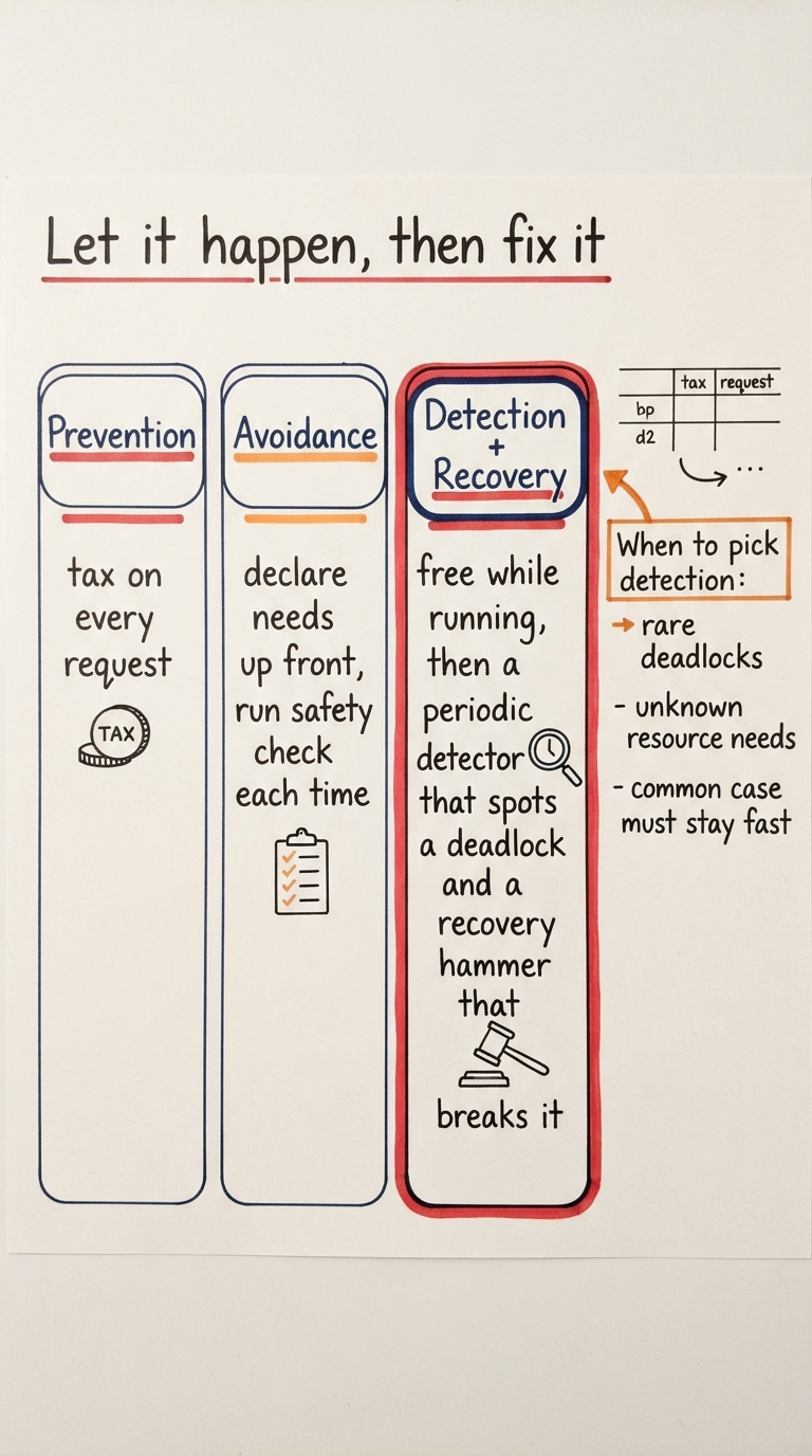 Handwritten A4 diagram: three columns compared — "Prevention" (tax on every request), "Avoidance" (declare needs up front, run safety check each time), and "Detection + Recovery" (free while running, then a periodic detector that spots a deadlock and a recovery hammer that breaks it). A small decision note on the right lists when to pick detection: rare deadlocks, unknown resource needs, common case must stay fast.