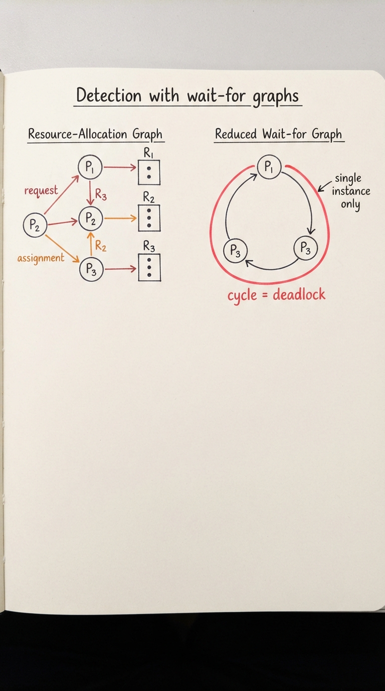 Handwritten A4 diagram: on the left a resource-allocation graph with process nodes P1 P2 P3 and resource nodes R1 R2 R3 (assignment and request edges through the resources). On the right the reduced wait-for graph — resources removed, arrows drawn directly process-to-process — showing a cycle P1 → P2 → P3 → P1 circled in red and labelled "cycle = deadlock". A margin note reads "single instance only".