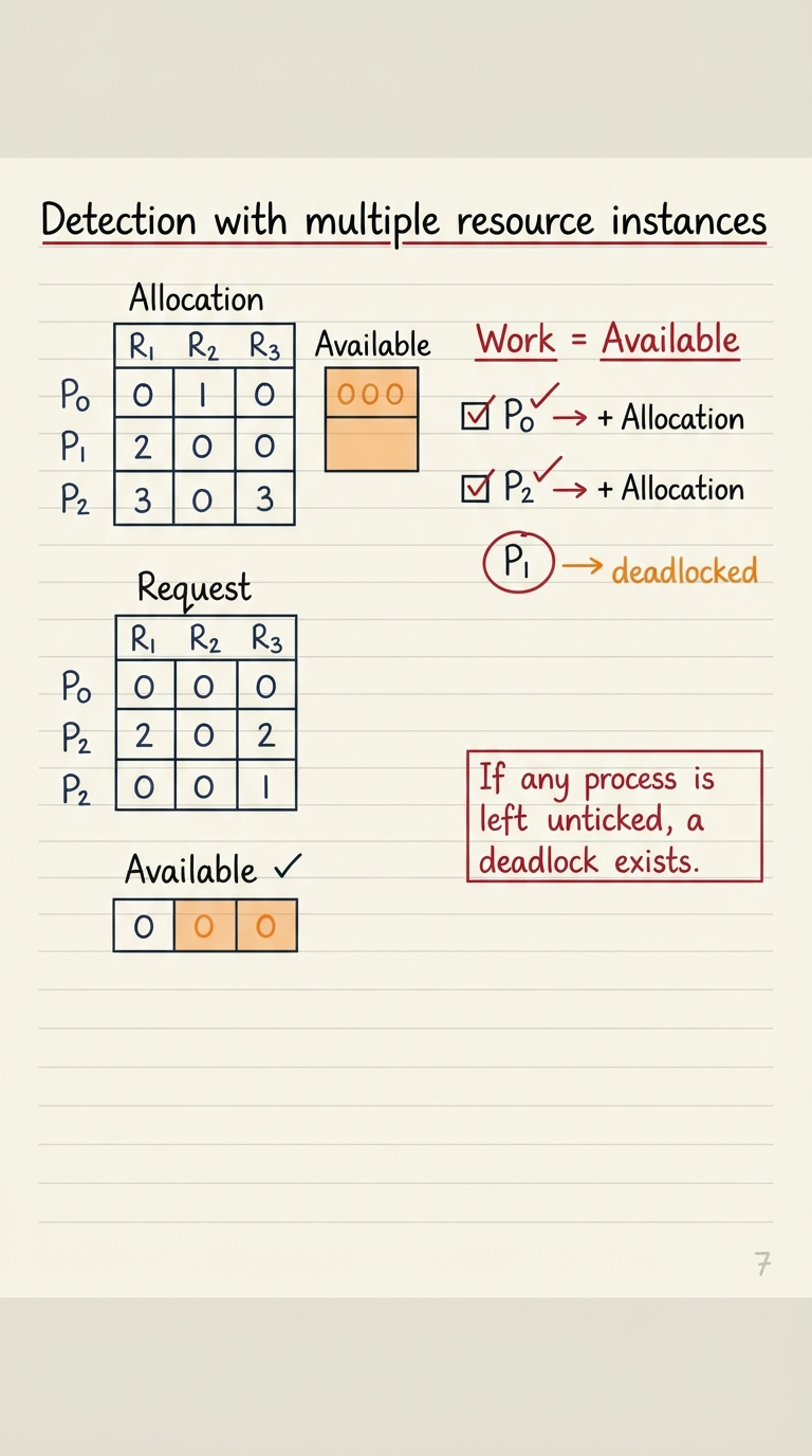 Handwritten A4 diagram: a matrix-based detection worksheet. Three matrices drawn as boxed grids — Allocation (what each process holds), Request (what each still wants), and a single Available vector. Beside them a worked pass: Work = Available, then a checklist of processes with tick marks as each one whose Request ≤ Work gets "finished" and releases its allocation back into Work. Any process left unticked at the end is circled and labelled "deadlocked".